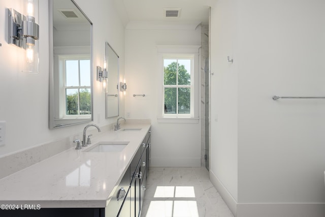 bathroom with walk in shower and vanity