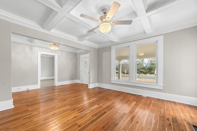 empty room with ceiling fan, beam ceiling, coffered ceiling, wood-type flooring, and ornamental molding