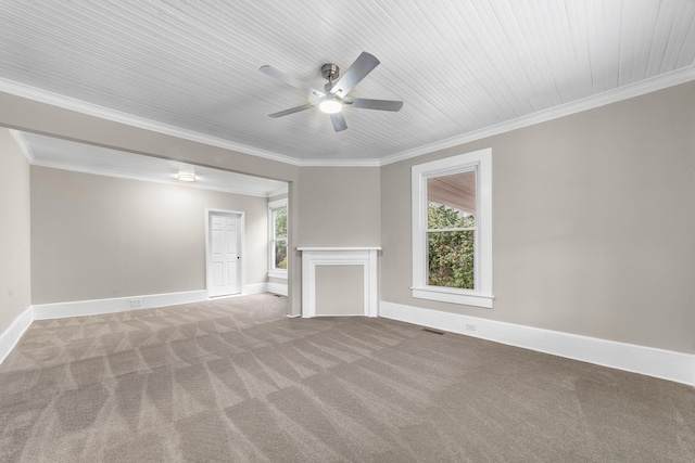 unfurnished living room with ceiling fan, light colored carpet, and ornamental molding