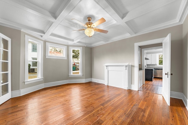 empty room with coffered ceiling, ornamental molding, and beamed ceiling