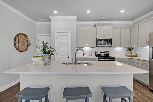 kitchen featuring dark hardwood / wood-style floors, stainless steel appliances, a center island with sink, and sink