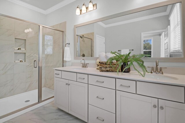 bathroom with crown molding, vanity, and walk in shower