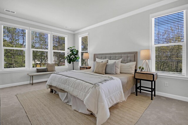 carpeted bedroom featuring multiple windows and crown molding