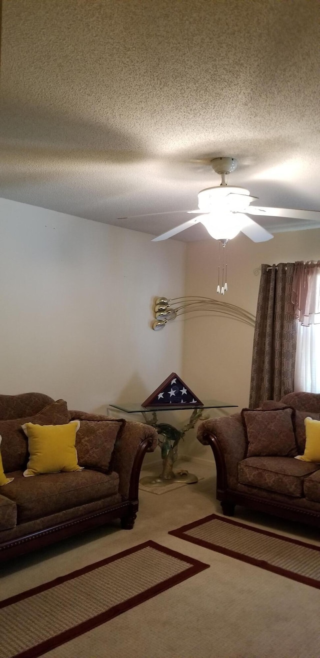 107 Kelly St, Walterboro, SC 29488 - living area featuring a textured ceiling, ceiling fan, and carpet floors