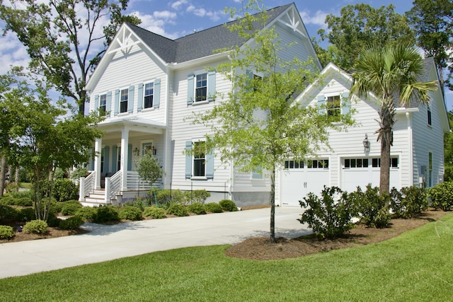 1723 Bolden Dr, Mount Pleasant, SC 29466 - view of front facade featuring concrete driveway, a porch, a garage, and a front yard