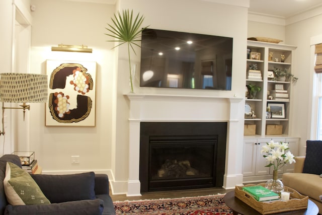 1723 Bolden Dr, Mount Pleasant, SC 29466 - living room featuring a glass covered fireplace, wood finished floors, and crown molding
