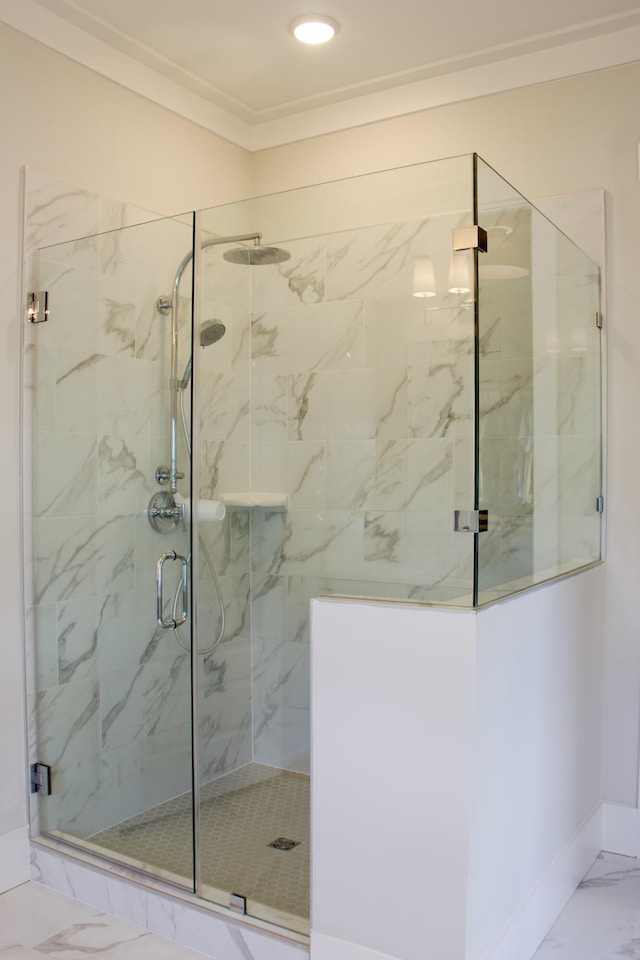 1723 Bolden Dr, Mount Pleasant, SC 29466 - bathroom with marble finish floors, a marble finish shower, ornamental molding, baseboards, and recessed lighting