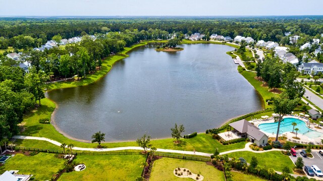 1723 Bolden Dr, Mount Pleasant, SC 29466 - drone / aerial view of a nearby body of water, a pool area, and a heavily wooded area