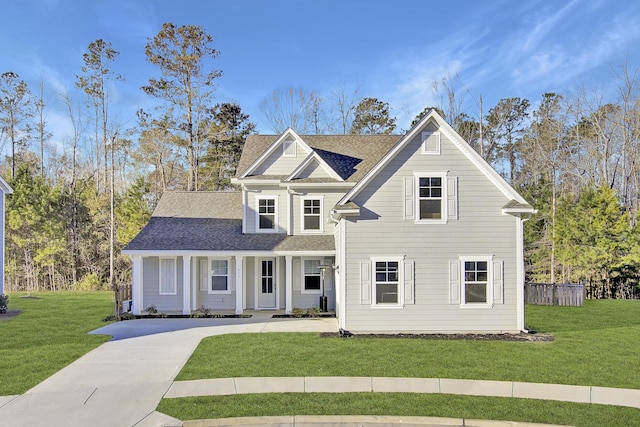 traditional-style home with driveway, a shingled roof, and a front yard