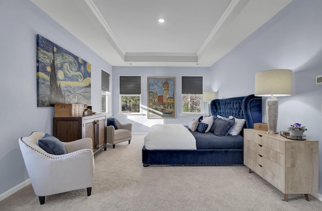 bedroom with light carpet, a raised ceiling, recessed lighting, crown molding, and baseboards