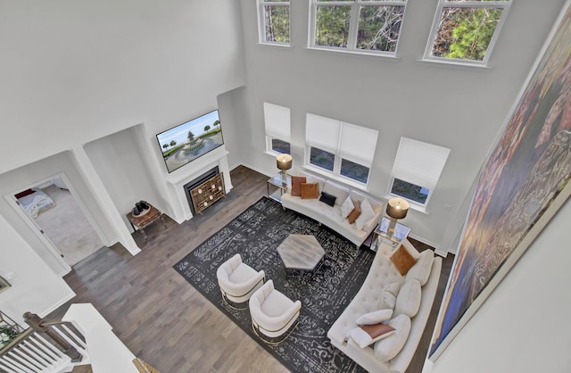 living area with a fireplace, a high ceiling, and wood finished floors