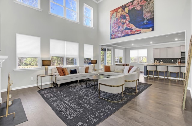 living room featuring plenty of natural light, ornamental molding, baseboards, and wood finished floors