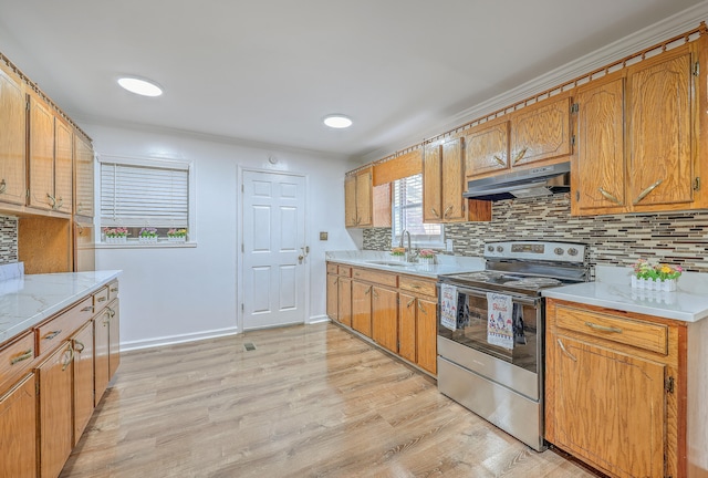 kitchen with light wood-type flooring, decorative backsplash, sink, and stainless steel electric range oven