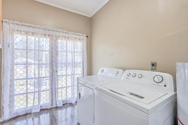 clothes washing area with washing machine and dryer, ornamental molding, and hardwood / wood-style floors