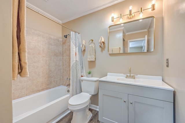 full bathroom featuring ornamental molding, toilet, shower / bathtub combination with curtain, and hardwood / wood-style flooring