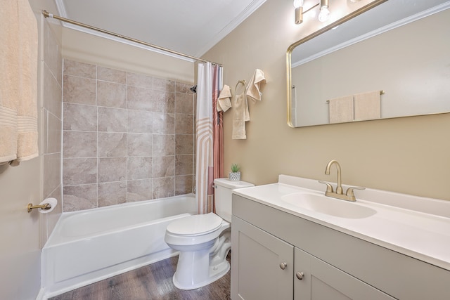 full bathroom featuring shower / bath combination with curtain, hardwood / wood-style flooring, ornamental molding, vanity, and toilet