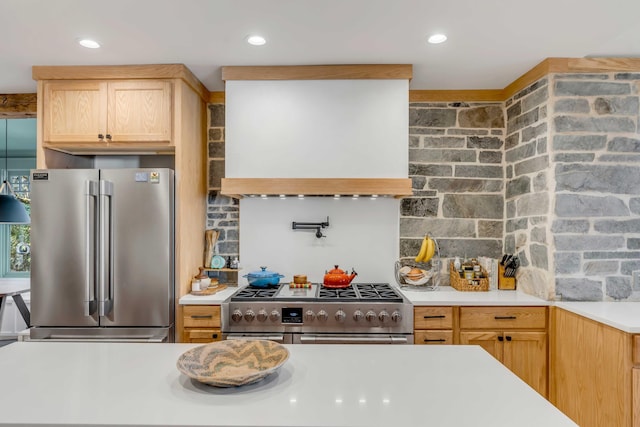 kitchen with premium range hood, light brown cabinets, recessed lighting, stainless steel appliances, and light countertops