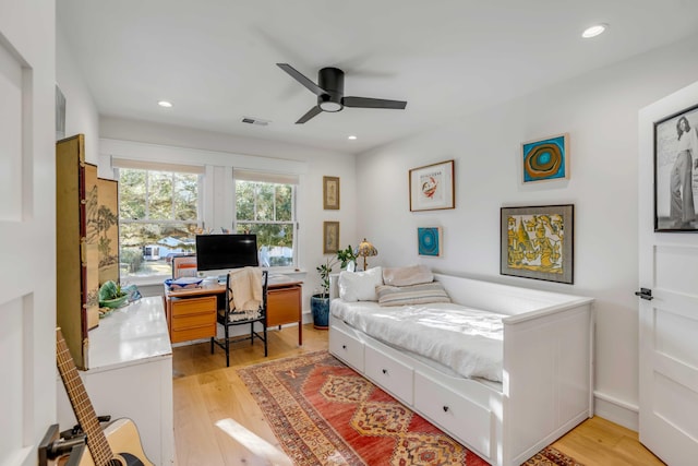 bedroom featuring recessed lighting, visible vents, and light wood-style flooring