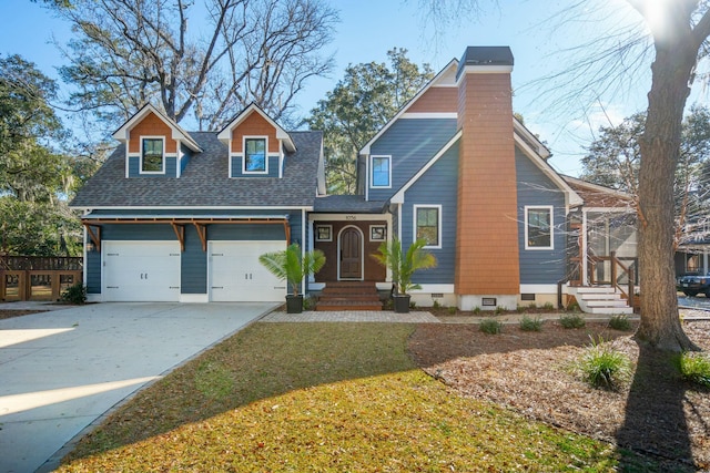 view of front of home with crawl space, a shingled roof, a chimney, and concrete driveway