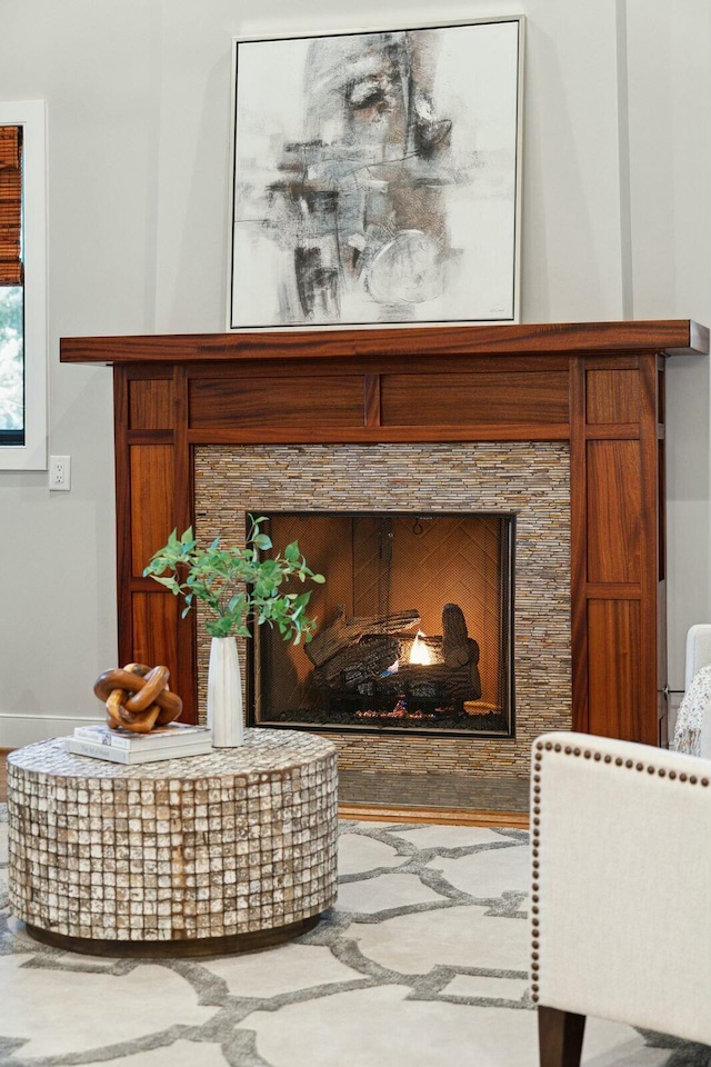 details featuring a stone fireplace