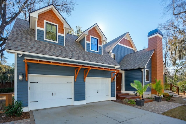 view of front of property with a garage, concrete driveway, and a shingled roof