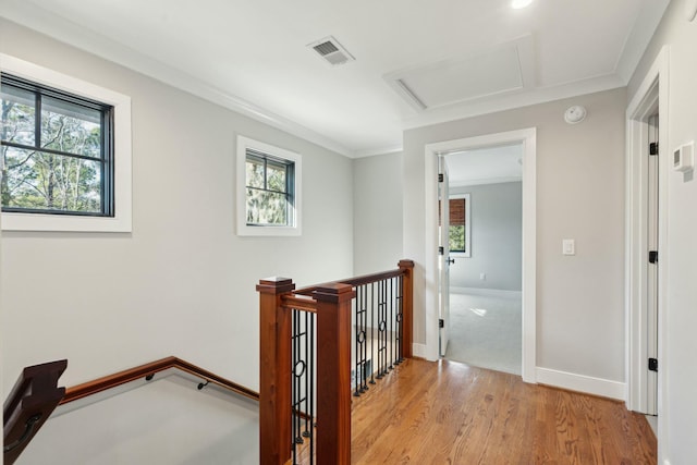 hallway with visible vents, baseboards, an upstairs landing, light wood-type flooring, and attic access