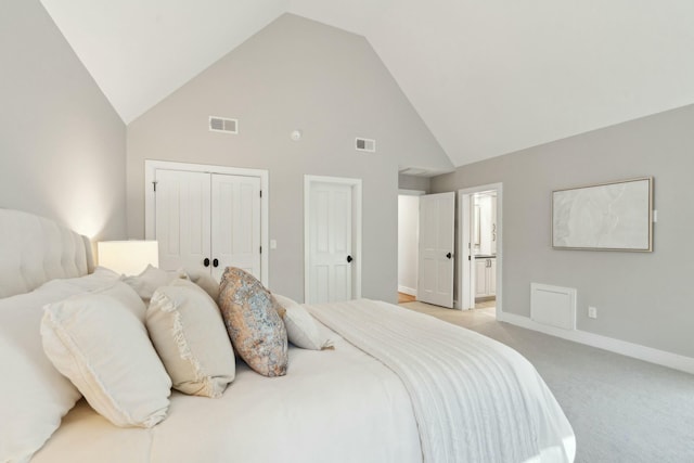 bedroom with light carpet, high vaulted ceiling, visible vents, and baseboards