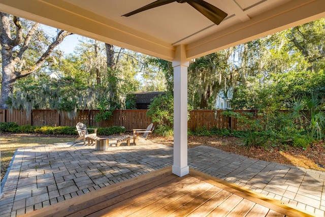 view of patio / terrace featuring ceiling fan and a fenced backyard