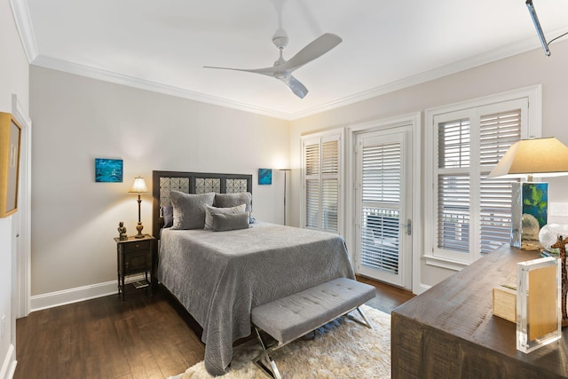 bedroom with dark wood-style flooring, crown molding, and access to exterior