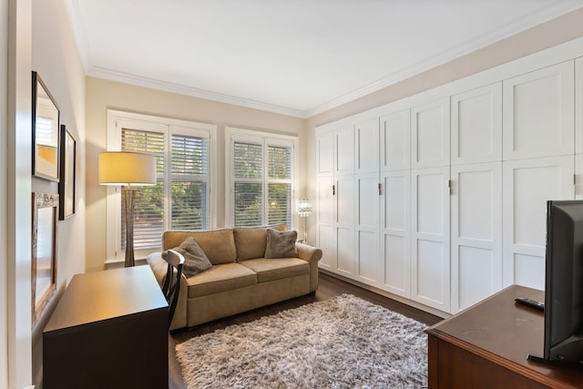 living room with dark wood finished floors and ornamental molding