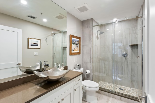 full bath with a shower stall, toilet, and visible vents