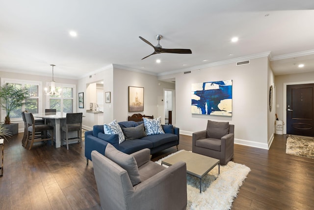 living room featuring ceiling fan with notable chandelier, visible vents, recessed lighting, dark wood-style flooring, and baseboards