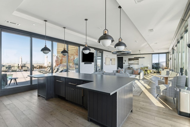 kitchen featuring hanging light fixtures, a wall of windows, light hardwood / wood-style floors, and a raised ceiling