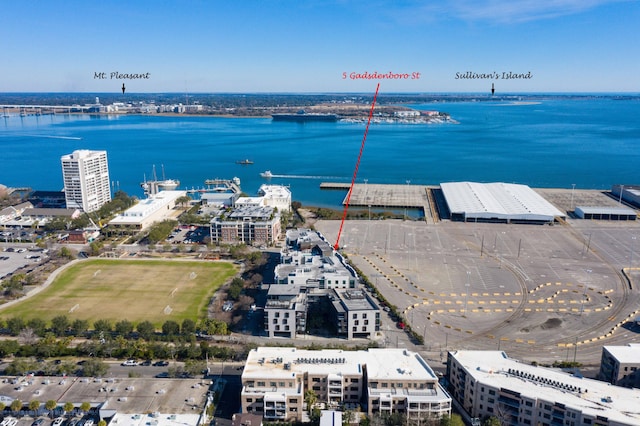 aerial view featuring a water view