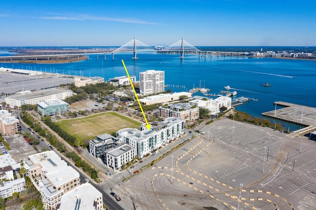 aerial view featuring a water view