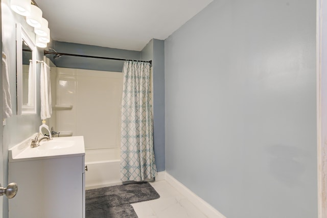 118 Carter, Walterboro, SC 29488 - bathroom with vanity, marble look tile flooring, shower / tub combo with curtain, and baseboards