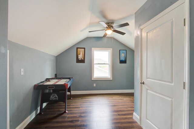 118 Carter, Walterboro, SC 29488 - rec room with a ceiling fan, dark wood-type flooring, vaulted ceiling, and baseboards