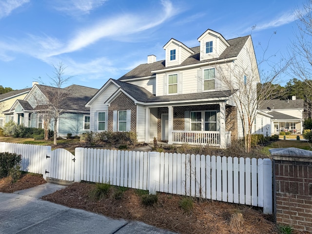 view of front of home with a porch, a gate, brick siding, and a fenced front yard