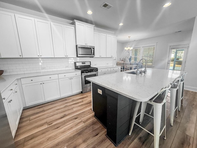 kitchen with a center island with sink, stainless steel appliances, visible vents, white cabinets, and a sink