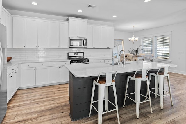 kitchen with a sink, white cabinets, light countertops, appliances with stainless steel finishes, and an island with sink