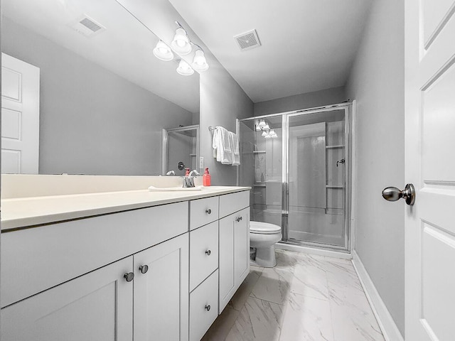 full bathroom with marble finish floor, visible vents, toilet, vanity, and baseboards