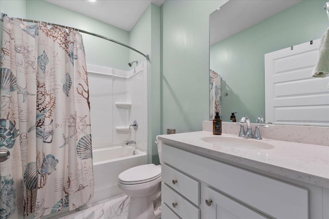 full bathroom with shower / tub combo, vanity, and toilet