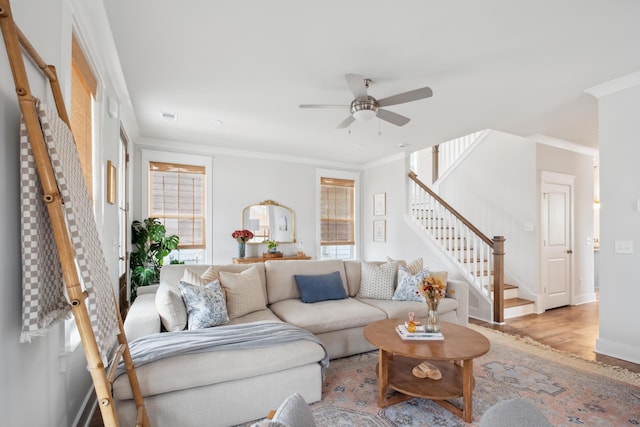 living room featuring plenty of natural light, ornamental molding, ceiling fan, and light wood-type flooring