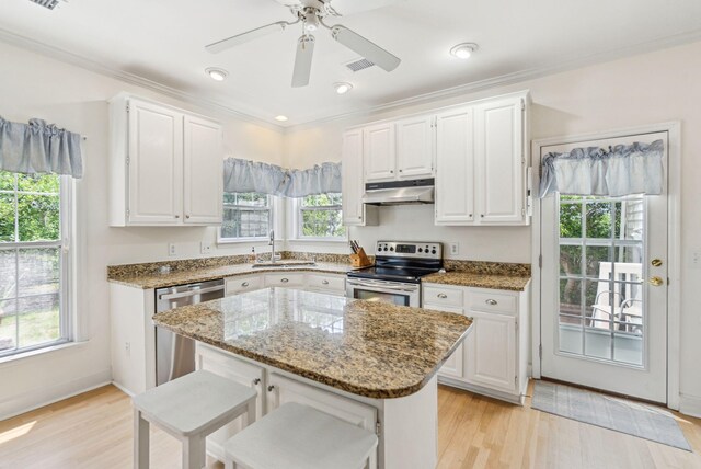 174 Revetment Ln, Mount Pleasant, SC 29464 - kitchen with appliances with stainless steel finishes, under cabinet range hood, white cabinetry, a sink, and crown molding