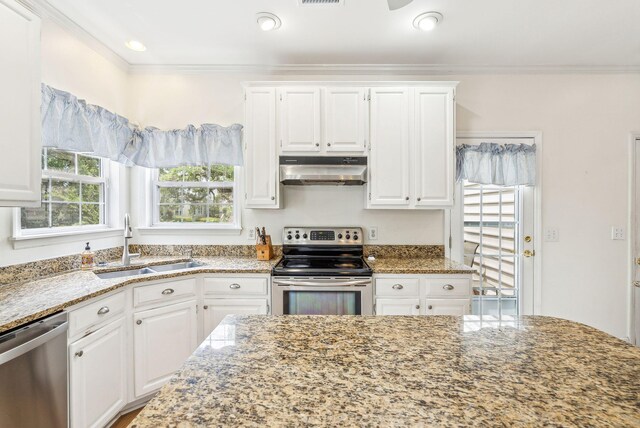 174 Revetment Ln, Mount Pleasant, SC 29464 - kitchen featuring under cabinet range hood, appliances with stainless steel finishes, a sink, ornamental molding, and light stone countertops