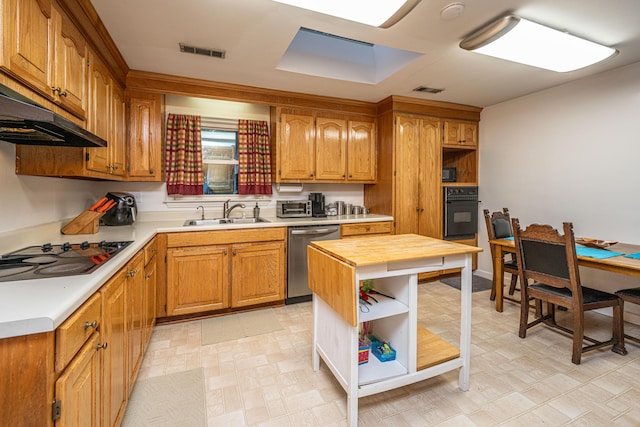 2567 Mona Ave, Charleston, SC 29414 - kitchen with black appliances, open shelves, a sink, light flooring, and under cabinet range hood
