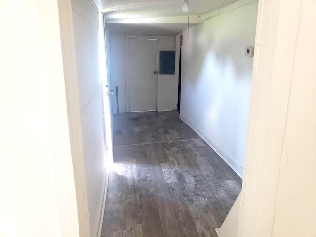 hallway featuring electric panel and dark hardwood / wood-style flooring