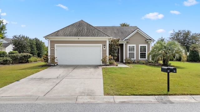 view of front of property featuring a garage and a front lawn