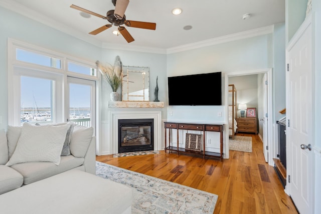 68 W 9th St Unit B, Folly Beach, SC 29439 - living room with a ceiling fan, ornamental molding, a glass covered fireplace, and wood finished floors