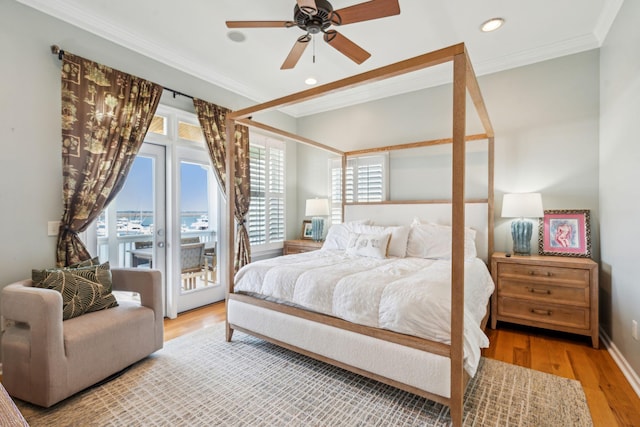 68 W 9th St Unit B, Folly Beach, SC 29439 - bedroom featuring recessed lighting, wood finished floors, access to outside, ceiling fan, and ornamental molding